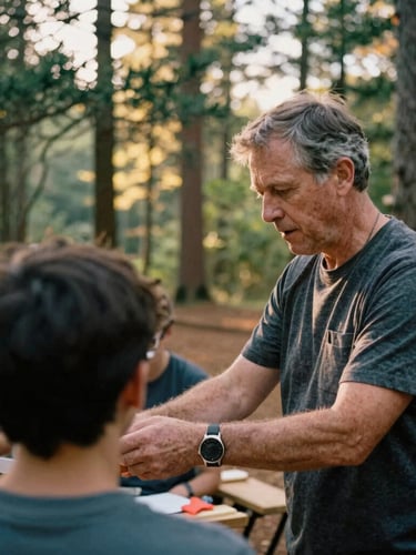 A close-up shot of a mentor guiding a young adult during an outdoor community workshop in Waleska, Georgia, warm golden-hour light filtering through pine trees, 35mm film aesthetic.
