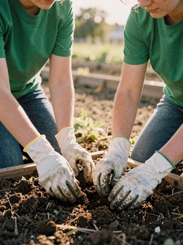 Candid medium shot of two volunteers in work gloves planting a community garden, warm golden-hour light, earthy green tones, 35mm film aesthetic