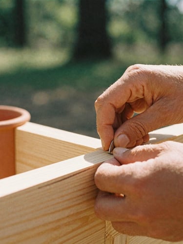 Candid close-up of hands working together to assemble a wooden structure, warm natural daylight, soft clay terracotta accents, 35mm film aesthetic.