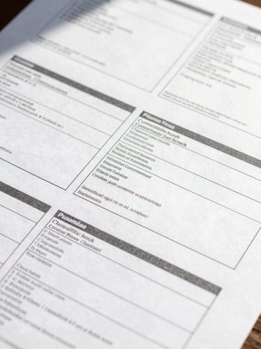 Close-up bird's-eye view of customs documentation on a flat surface, shipping labels and compliance forms arranged in precise rows, north-facing daylight, clean white background, no people