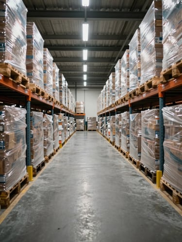 Wide interior of a French logistics warehouse, floor-level perspective looking down a long aisle of palletized goods under overhead fluorescent daylight, clean and shadowless, precise sight lines, no people