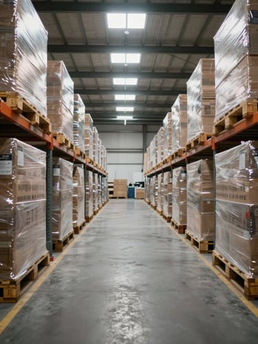 Wide warehouse interior shot from floor level, rows of palletized freight stacked high under industrial north-facing skylights, clean overhead daylight, no people, sight lines receding into depth