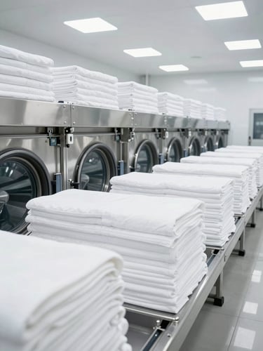 Wide angle shot of a state-of-the-art industrial laundry facility, bright clean white lighting, large stainless steel washing tunnels, perfectly aligned stacks of fresh white hotel sheets, crisp cool tones, sharp focus, 35mm