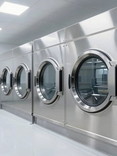 Wide-angle industrial laundry facility, pristine stainless steel wash tunnels, bright clinical cold lighting, crisp reflections, high-end commercial photography, 35mm