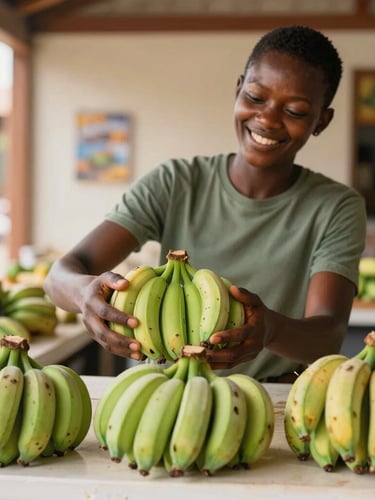 Straight-on eye-level shot of a clean, bright African grocery counter, a friendly family member arranging fresh green plantains, warm natural daylight