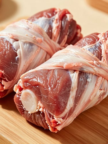 Macro close-up of neatly wrapped, high-quality traditional cuts of goat meat on a clean wooden prep block, bright natural daylight, shallow depth of field, 50mm