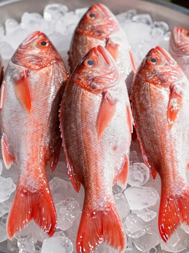 Straight-on eye-level shot of glistening fresh whole red snapper resting on clean crushed ice, warm natural daylight, vibrant saturated colors, shallow depth of field, 50mm
