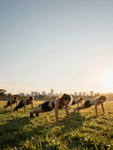 Wide environmental shot of a small group of women doing burpees on a grass field at dawn, city skyline faint in the background, golden hour light low and raking from the right, shot from ground level showing wet grass in foreground