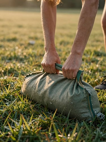 Close documentary frame of a woman's hands gripping a sandbag handle on dewy grass at early morning, knuckles visible, cool golden light raking across the ground from the left, no faces