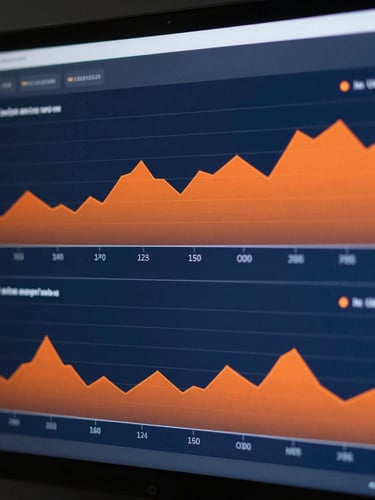Flat vector UI mockup of server performance metrics, displaying continuous uptime graphs and load-stress response times in deep blue and crisp orange.