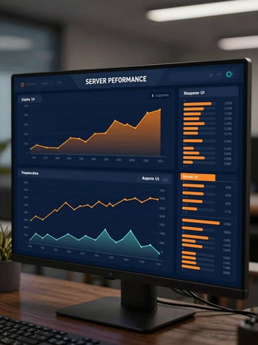 Vector UI mockup of a server performance dashboard, displaying clean uptime graphs, response time metrics, and flat technical data panels in deep blue and orange.