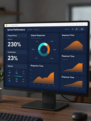 A clean vector UI mockup of a server performance dashboard showing uptime percentages, global response times, and response time graphs in deep blue and orange.