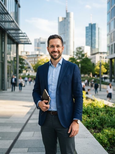 Professional portrait of a male energy consultant in business-casual attire, looking confident, warm natural daylight, modern architectural background in Frankfurt, 35mm photography.