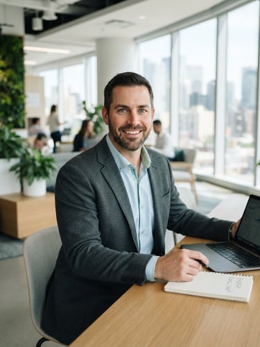 Professional portrait of a male energy consultant in business-casual attire, bright natural daylight, clean green accents, sharp focus, modern real estate office background, 35mm