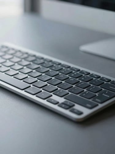 A clean, minimalist administrative workspace with a modern keyboard, cool diffused office daylight, desaturated slate tones, macro focus