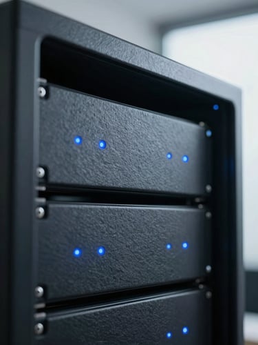 Macro shot of a sleek, dark slate server rack with tiny, calm blue status lights, cool diffused office daylight, desaturated navy tones, clean focus.