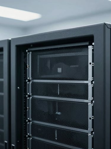 Macro photograph of a clean, minimalist server rack in a modern datacenter, cool diffused office daylight, desaturated slate and navy tones, clean macro focus.