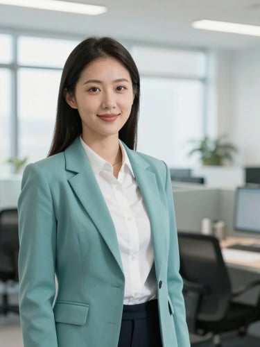 professional corporate photography, bright natural office daylight, clean modern workspace, soft teal tones, shallow depth of field