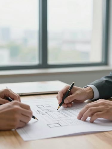 A clean modern office window with natural light, hands of professionals working on a blueprint over a wooden table, soft teal accents, shallow depth of field