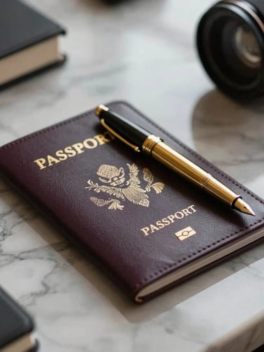 An elegant close-up of a dark leather passport holder and gold fountain pen resting on a polished marble desk, soft side lighting, corporate luxury.