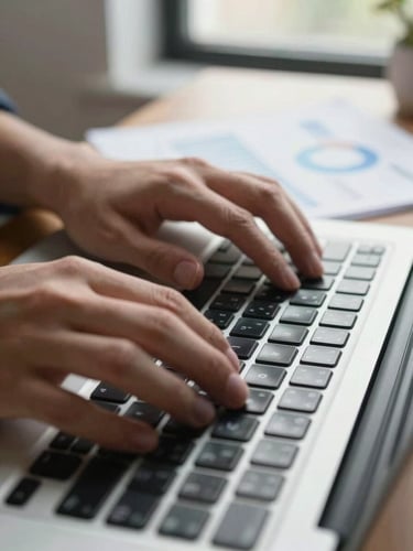 Close-up of hands on a laptop keyboard, a printed analytics report partially visible on a desk beside the screen, natural diffused daylight from a nearby window, shallow depth of field on the keyboard keys