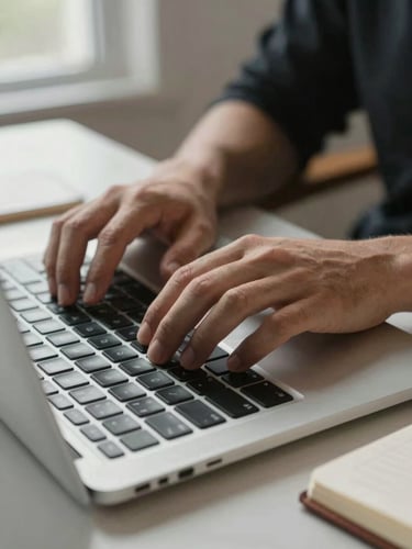 Close-up wide shot of hands resting on a laptop keyboard on a clean desk surface, natural diffused daylight from a left-side window, fingers poised mid-task, notebook edge visible at lower right, no person visible above the wrists