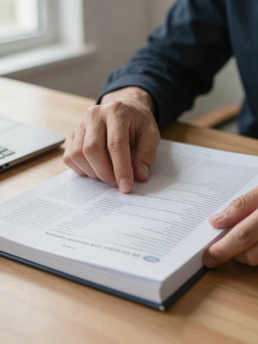 Close detail of hands turning the page of a course workbook on a light wooden desk, natural window light from the left, pen resting beside the open page, no face visible