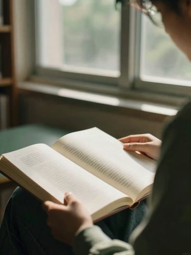 A close-up of a student in a sunlit library focusing on an open book, soft warm light, muted forest green tones, 35mm