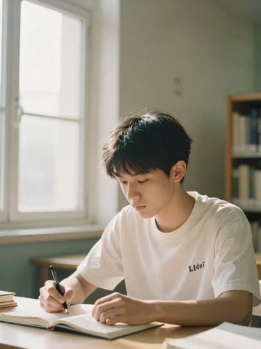 A student in a focused study environment, soft natural window light, architectural details of a quiet library in the background, 35mm warm editorial photography.