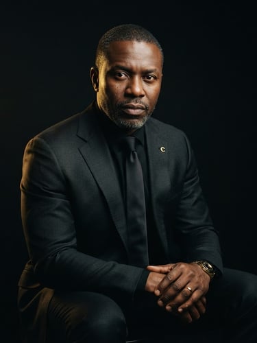 Dramatic low-key studio portrait of a sovereign black male consultant in a tailored dark suit, subtle golden rim light, deep obsidian background, cinematic 35mm.