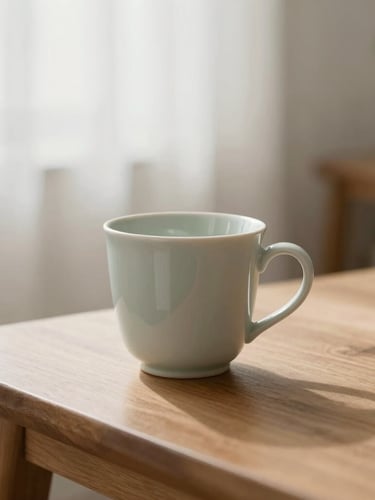 Soft, diffused overcast daylight illuminating a quiet domestic room, a ceramic cup on a wooden table with soft shadows, muted sage and warm cream tones, shallow depth of field
