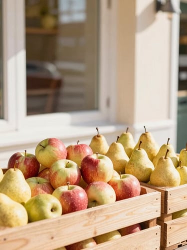 Warm, inviting view of a clean storefront with wooden crates of fresh apples and pears outside, soft morning daylight, cozy neighborhood vibe