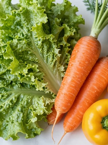 Overhead shot of vibrant fresh vegetables, bright green lettuce, orange carrots, and yellow bell peppers on a clean light background, natural morning light