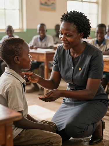 A dedicated Ugandan teacher kneeling down to speak to a smiling primary student at eye level in a bright, sunlit classroom, warm natural daylight.