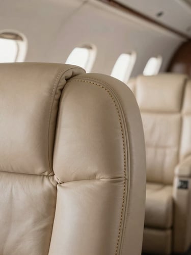 Extreme close-up macro shot of hand-stitched champagne gold leather detailing on a private jet cabin seat, natural low-key lighting, shallow depth of field