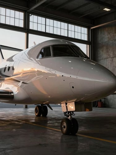 A dramatic, low-key wide shot of a private jet nose cone resting inside an architectural concrete hangar, soft twilight filtering through high windows, deep shadows.