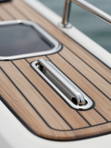 Extreme close-up macro shot of a custom yacht's teak deck detailing, natural overcast light reflecting off polished stainless steel hardware, clean lines, high-end craftsmanship focus.