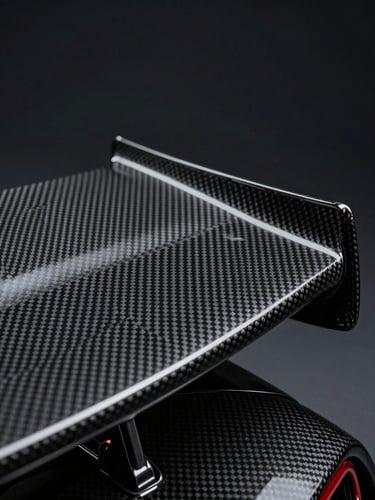 Extreme close-up of carbon fiber weave on a hypercar wing, low-key dramatic lighting, dark obsidian background, sharp focus.