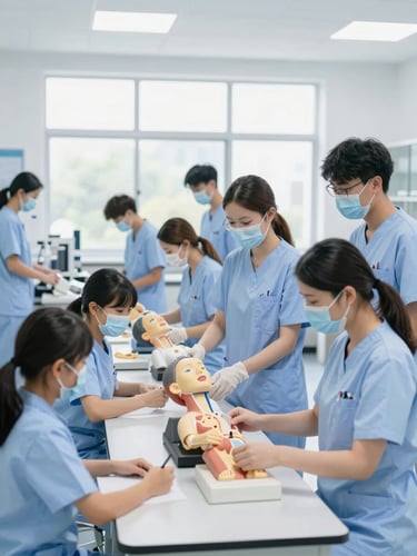 Diverse nursing students in clean uniforms practicing clinical procedures on advanced anatomical models in a brightly lit, modern skills lab, professional indoor studio lighting, crisp cool tones, medium-format lens.