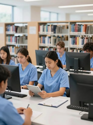 Diverse nursing student using a tablet in a modern, brightly lit digital library, surrounded by shelves of books and computers, clean editorial photography, bright natural daylight, crisp cool tones, medium-format lens.