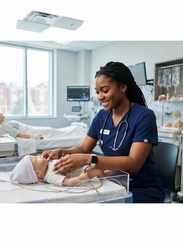Diverse female nursing student in clean uniform, practicing infant care on a high-fidelity simulation mannequin in a modern skills lab, bright natural daylight, crisp cool tones, medium-format lens, wide panoramic frame with student off-center to the right, bleed to the canvas edge.