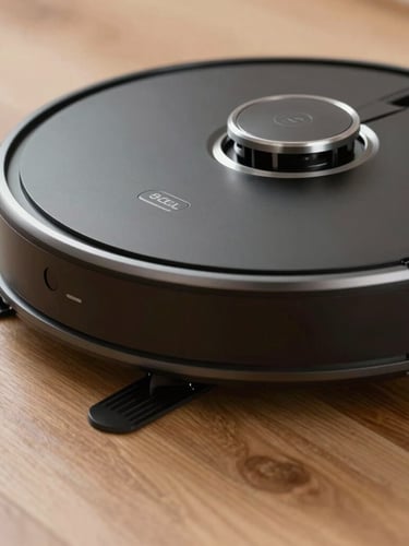 Low-angle close-up of a matte black robotic cleaner crossing a hardwood threshold, crisp studio lighting with metallic silver highlights