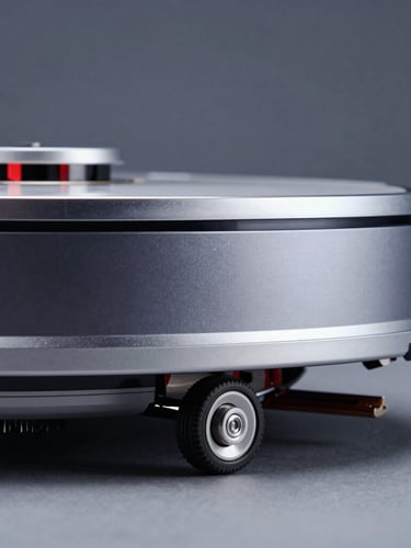 Sleek robotic vacuum cleaner underside, macro shot of the high-clearance wheels and anti-tangle brush architecture, cool metallic lighting, industrial studio setting