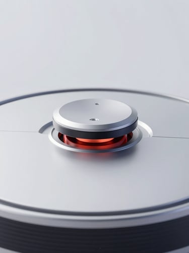 Sleek close-up of a robotic vacuum sensor array, cool crisp studio lighting, metallic silver and deep charcoal tones, sharp macro detail