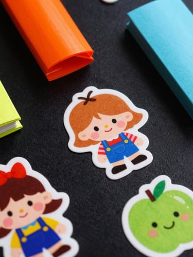 Vibrant studio photography, high-contrast colorful lighting, flat-lay of premium brand stationery and custom character stickers on a matte black surface, 35mm film style
