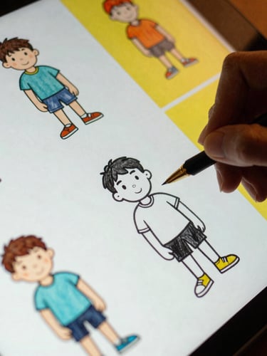 Close-up of hand-drawn character sketches transitioning into clean digital vector paths on a screen, warm studio light, 35mm film style