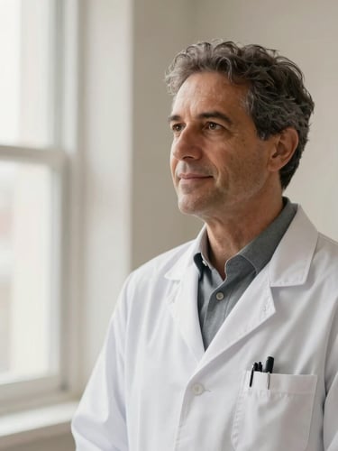 Dr. Ewerton Mafra in professional clinical attire, warm neutral tones, soft natural window light, shallow depth of field, 85mm lens.