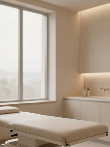 Premium clinical aesthetics interior with warm sand tones, clean architectural lines, soft window light, minimalist treatment room, 85mm lens