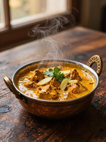 Steaming copper bowl of rich butter chicken curry, garnished with fresh cilantro and ginger juliennes, dark rustic wooden table, warm low-contrast evening light