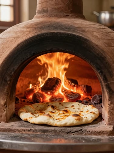 Close-up portrait of a traditional clay tandoor oven glowing with hot coals, a chef slapping fresh naan onto the inner wall, warm embers, atmospheric kitchen background, shallow depth of field